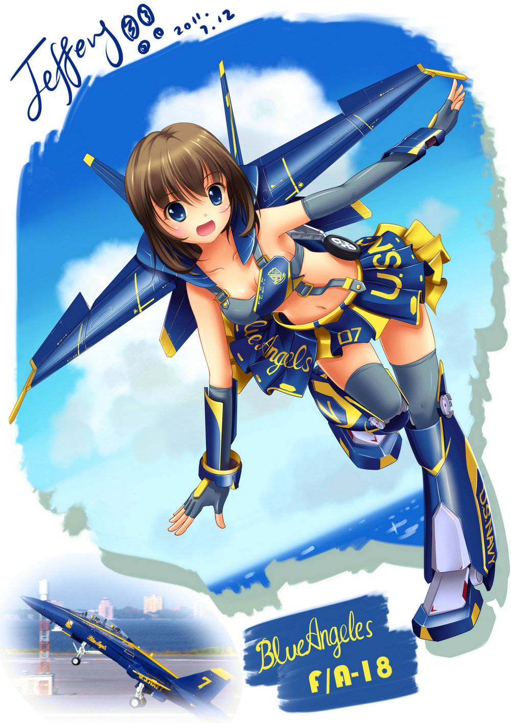 1girl, aircraft, airplane, asymmetrical_clothes, blue_angels_(team), blue_eyes, breasts, bridal_gauntlets
