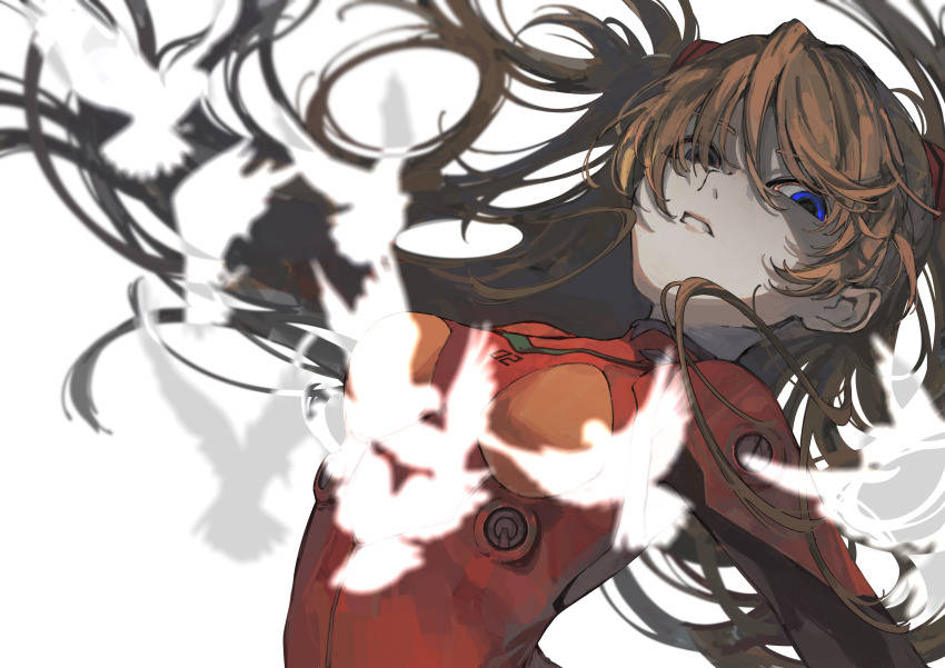 1girl, absurdres, bird, blue_eyes, bodysuit, commentary, highres, interface_headset_(evangelion), long_hair, mecha_pilot_suit, neon_genesis_evangelion, orange_hair, plugsuit_(evangelion), shimizu_en_(shimizuen3310), solo, souryuu_asuka_langley