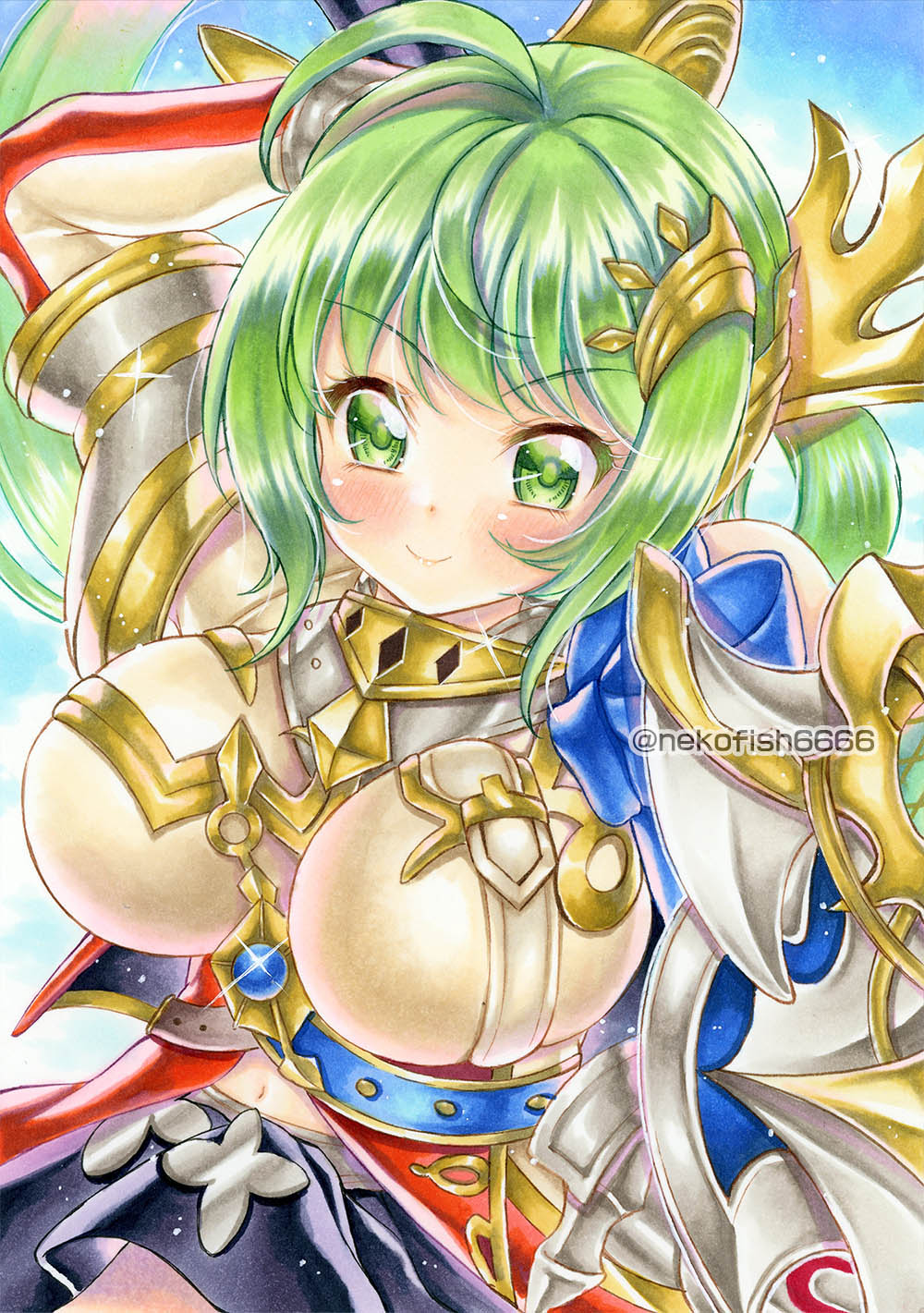 armor, breasts, charlotte_barhitte_(grimms_notes), charlotte_barhitte_(tenku)_(grimms_notes), closed_mouth, green_hair, grimms_notes, highres