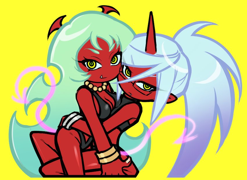 2girls, blue_hair, bracelet, breasts, cleavage, colored_skin, demon_girl, fang