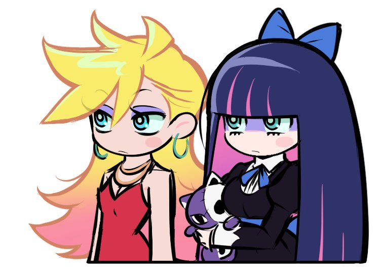 2girls, black_dress, blonde_hair, blue_eyes, bow, dress, earrings, hair_bow