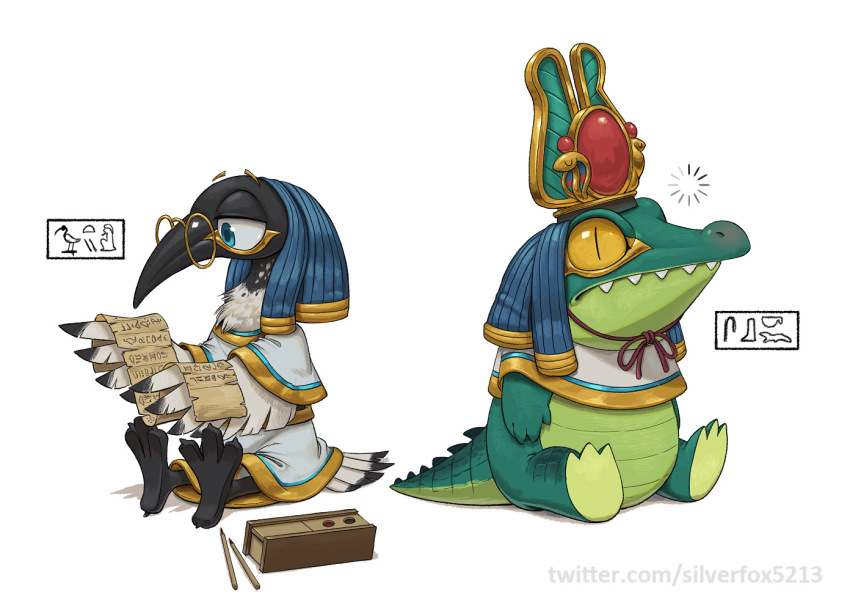 artist_name, beak, bird, blue_eyes, crocodile, crocodilian, egyptian_mythology, glasses