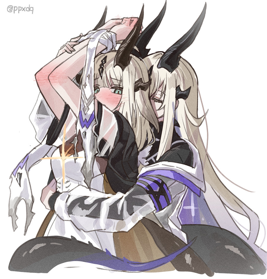 2girls, ahoge, arknights, arms_up, bandaged_wrist, bandages, bdsm, black_horns