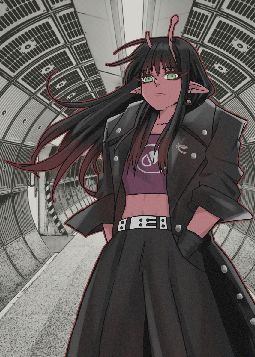 1girl, absurdres, antenna_piercing, antennae, broken_antenna, brown_hair, coat, collarbone, colored_skin, crop_top, daidouji_akane, ear_piercing, green_eyes, highres, jacket, leather, leather_jacket, lineup, midriff, milky_galactic_universe, milky_subway, milky_u2606_subway:_the_galactic_limited_express, open_clothes, open_coat, piercing, pink_skin, red_skin, solo