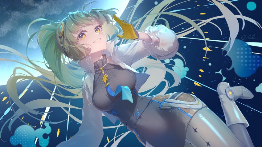 1girl, arcaea, azhir730, black_gloves, black_shirt, black_skirt, black_thighhighs, blonde_hair