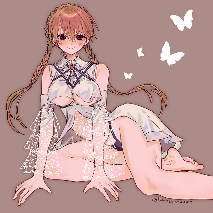 1girl, barefoot, braid, crown_braid, demons_roots, feet_out_of_frame, lily_killer, revealing_clothes