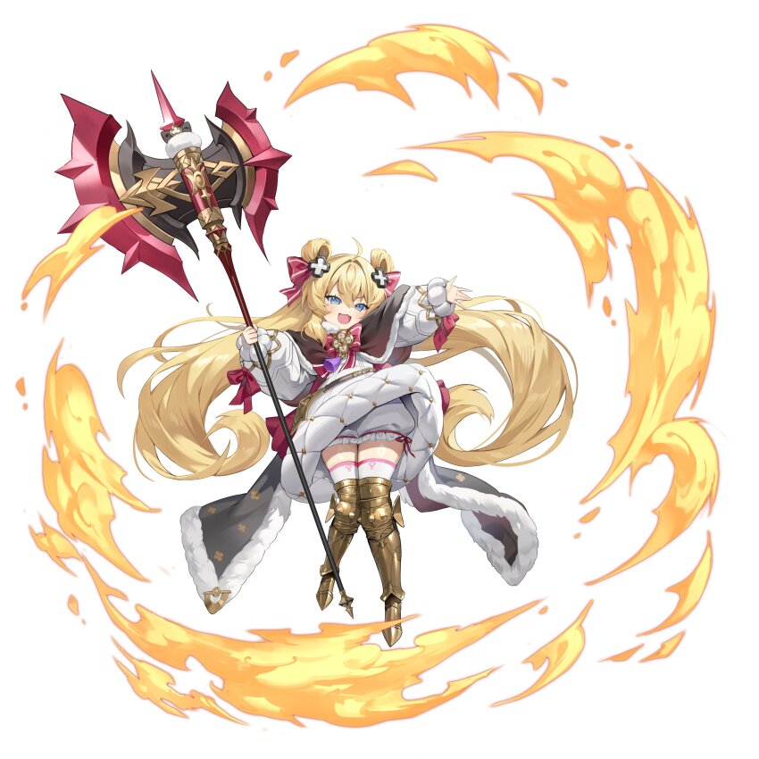 1girl, :d, absurdres, ahoge, armored_boots, axe, battle_axe, belt