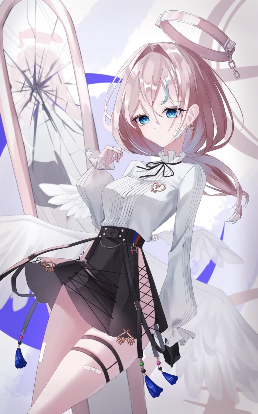 00_zer0, 1girl, angel_wings, arcaea, ass_cutout, bandage_on_face, bandages, bandaid