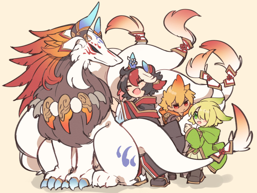 3boys, :d, alpha_(p&amp;d), animal_ears, black_hair, blonde_hair, blush, closed_eyes