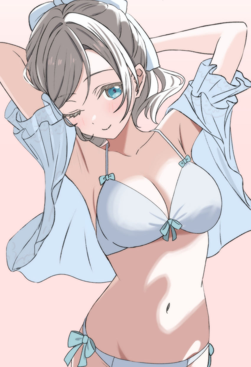 1girl, armpits, arms_behind_head, bikini, blue_eyes, blue_jacket, breasts, ceras_yanagida_lilienfeld, ceras_yanagida_lilienfeld_(swimsuit), cleavage, closed_mouth, collarbone, commentary_request, front-tie_bikini_top, front-tie_top, grey_hair, hair_ribbon, highres, jacket, large_breasts, link!_like!_love_live!, looking_at_viewer, love_live!, masaki_(masakinariya), navel, official_alternate_costume, one_eye_closed, pink_background, ribbon, short-sleeved_jacket, short_sleeves, side-tie_bikini_bottom, simple_background, smile, solo, swimsuit, upper_body, white_bikini