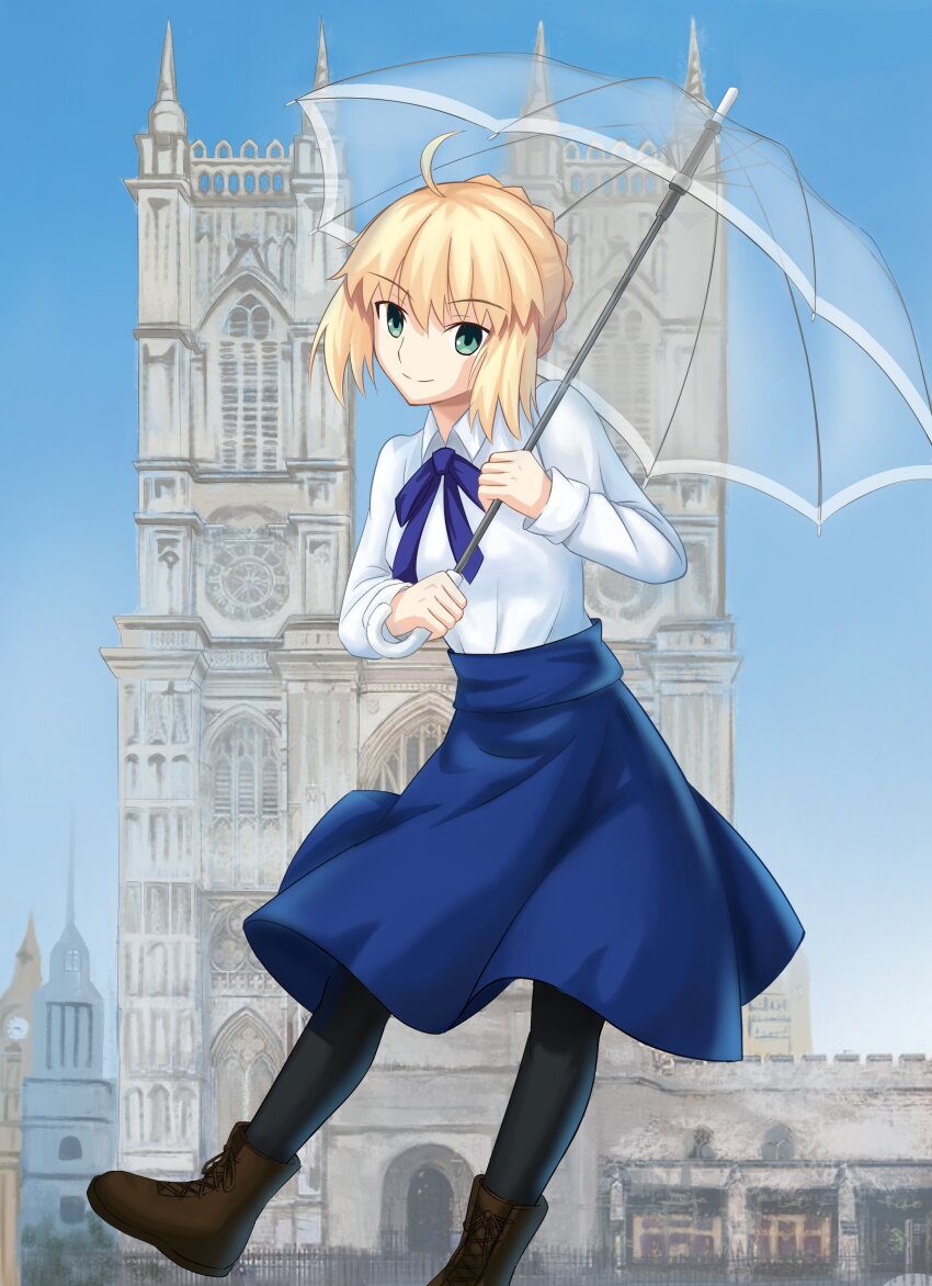 1girl, absurdres, ahoge, andychen662000, artoria_pendragon_(fate), black_leggings, blonde_hair, blouse