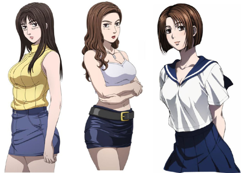 3girls, armpits, bare_legs, belly, blue_skirt, breasts, cleavage, crop_top