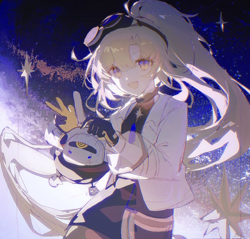 1girl, arcaea, black_gloves, black_shirt, black_skirt, black_thighhighs, blonde_hair, blue_eyes