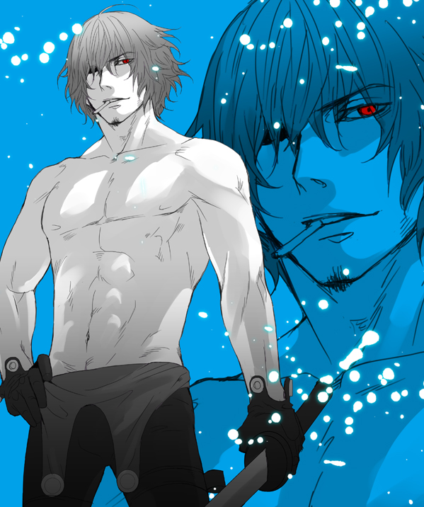 00s, cigarette, gantz, gantz_suit, kuwabara_kazuo, male_focus, red_eyes, topless_male