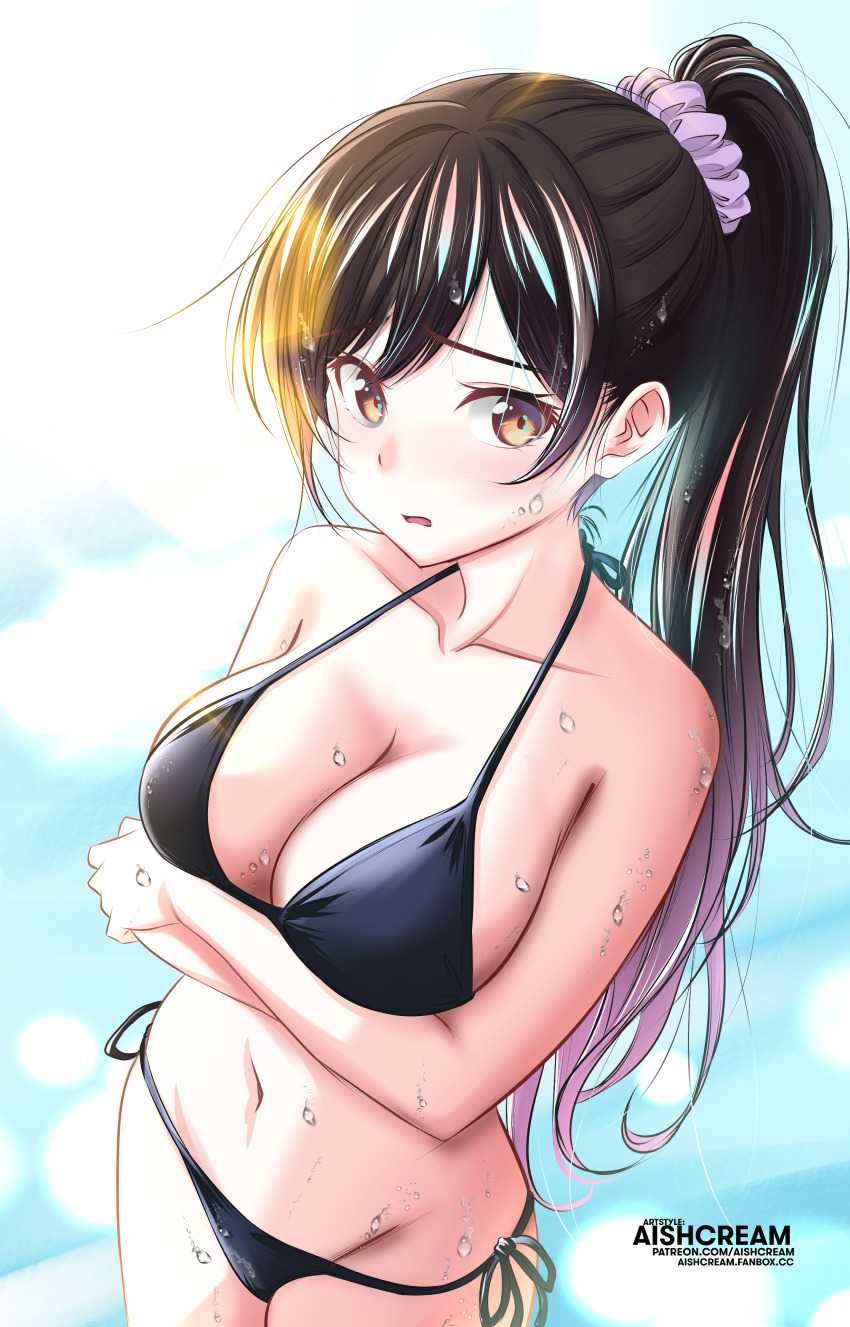 1girl, absurdres, aishcream24, arms_under_breasts, bare_arms, bare_shoulders, bikini, blush