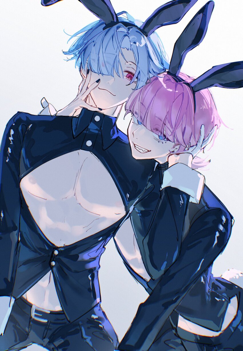 2boys, animal_ears, black_nails, black_pants, blue_hair, blunt_bangs, blush, brothers, commentary_request, eyes_visible_through_hair, fake_animal_ears, fake_tail, gloves, grey_background, grin, half_gloves, hand_on_another's_face, highres, male_focus, male_playboy_bunny, multiple_boys, pants, panty_&amp;_stocking_with_garterbelt, pectorals, pink_hair, polyester_(psg), polyurethane_(psg), rabbit_ears, rabbit_tail, red_eyes, shark_(theelegantshark), short_hair, siblings, smile, tail, toned, toned_male, white_gloves