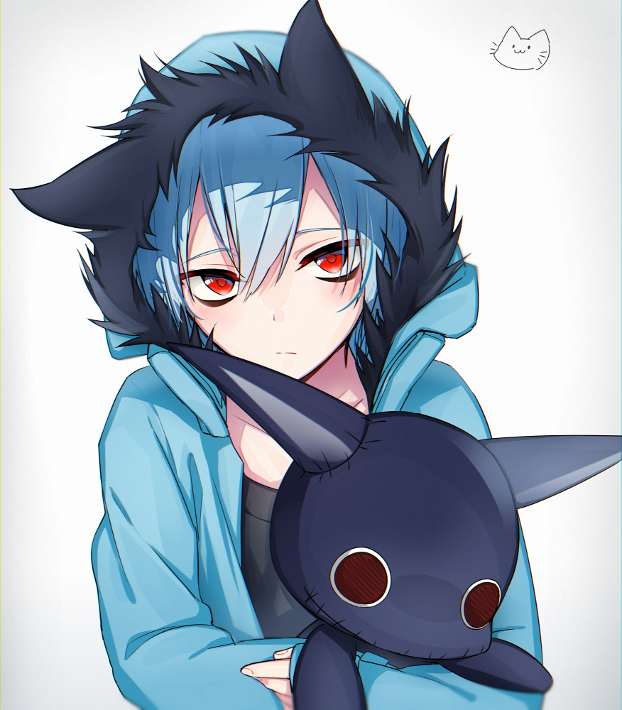 1boy, aam09212, bags_under_eyes, blue_hair, coat, fur-trimmed_coat, fur_trim, holding