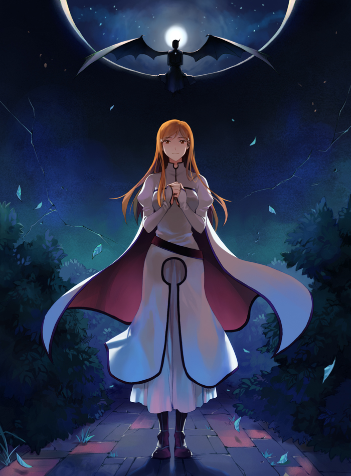 arrancar, bleach, full_moon, inoue_orihime, long_hair, moon, orange_hair, outdoors, own_hands_clasped, own_hands_together, runia, sky, star_(sky), starry_sky, ulquiorra_cifer, wings
