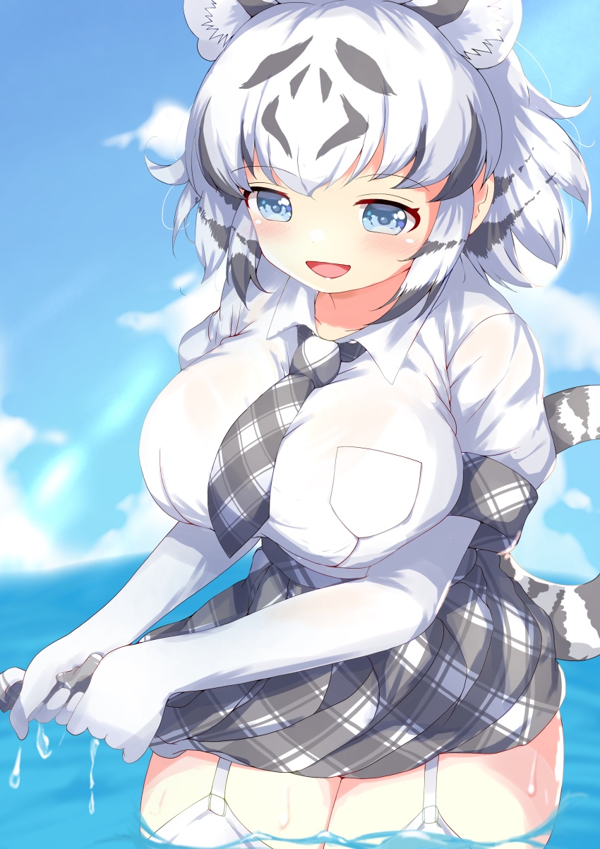 1girl, absurdres, animal_ears, black_hair, blue_eyes, blush, breasts, elbow_gloves, extra_ears, garter_straps, gloves, highres, kemono_friends, kemono_friends_3, large_breasts, looking_at_viewer, multicolored_hair, necktie, ocean, open_mouth, partially_submerged, plaid_clothes, plaid_necktie, plaid_sleeves, plaid_trim, print_thighhighs, shiratsuki_(cpmk8242), shirt, short_hair, skirt, solo, tail, thighhighs, tiger_ears, tiger_girl, tiger_tail, two-tone_hair, wet, wet_clothes, white_hair, white_tiger_(kemono_friends), white_tiger_print