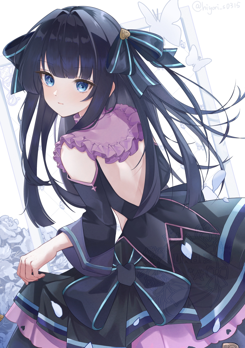 1girl, absurdres, arcaea, backless_shirt, bare_shoulders, black_bow, black_bowtie, black_hair