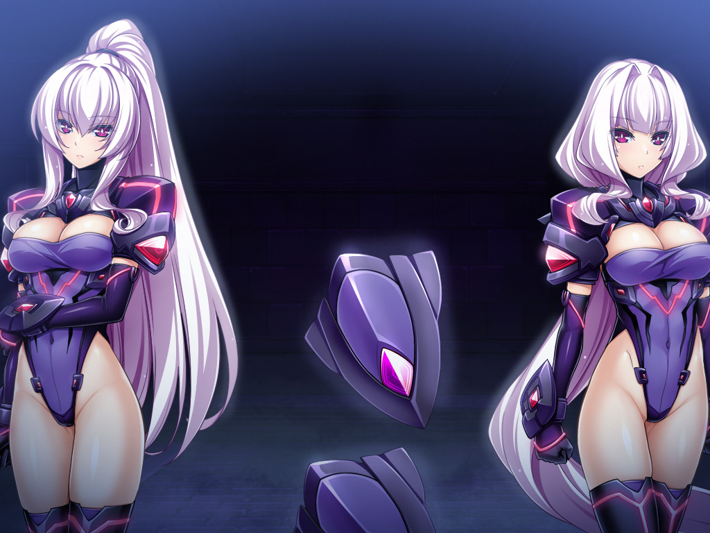 2girls, armor, azarin_(exs-tia), black_gloves, braid, breasts, cleavage, cleavage_cutout