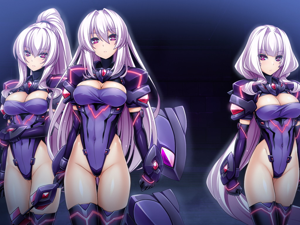 3girls, armor, azarin_(exs-tia), black_gloves, breasts, cleavage, cleavage_cutout, clothing_cutout