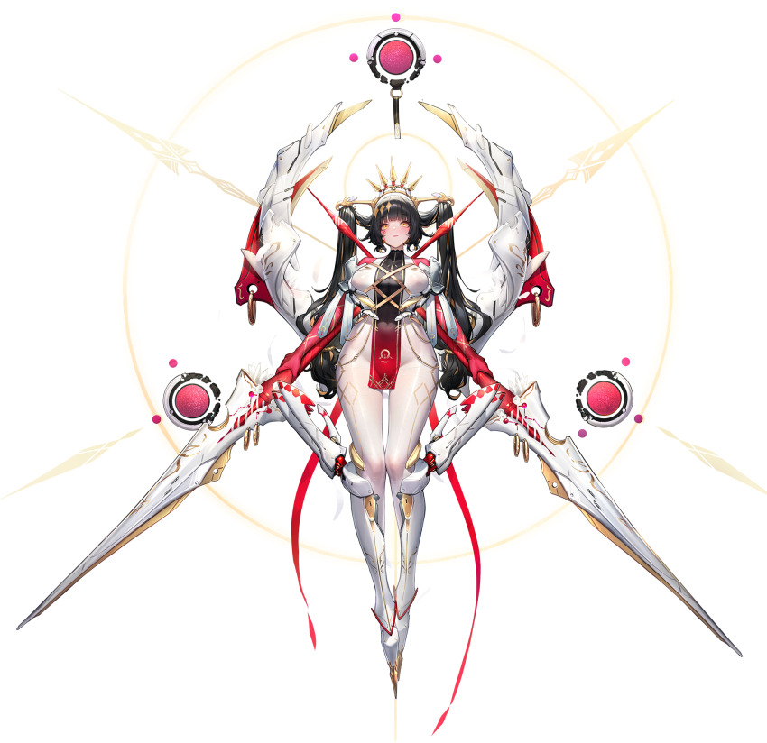 1girl, black_hair, blunt_bangs, bodysuit, breasts, closed_mouth, daiblos_core, crown