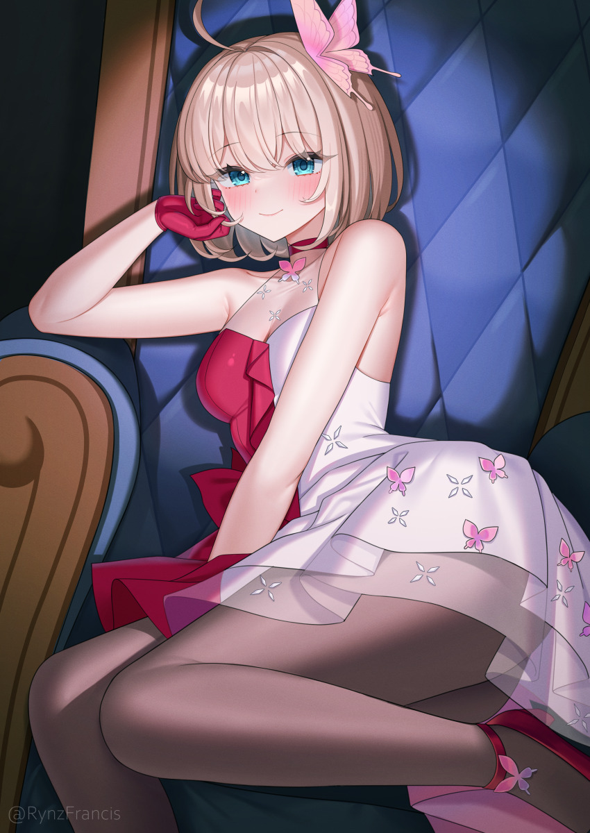 1girl, absurdres, aqua_eyes, armpits, artist_name, bare_shoulders, blonde_hair, breasts, butterfly_hair_ornament, c-93_(fluttering_butterfly)_(girls'_frontline), c-93_(girls'_frontline), chair, closed_mouth, dress, girls'_frontline, gloves, hair_ornament, highres, medium_breasts, medium_hair, multicolored_dress, official_alternate_costume, on_chair, pantyhose, red_dress, red_gloves, red_shoes, rynzfrancis, shoes, sitting, solo, white_dress