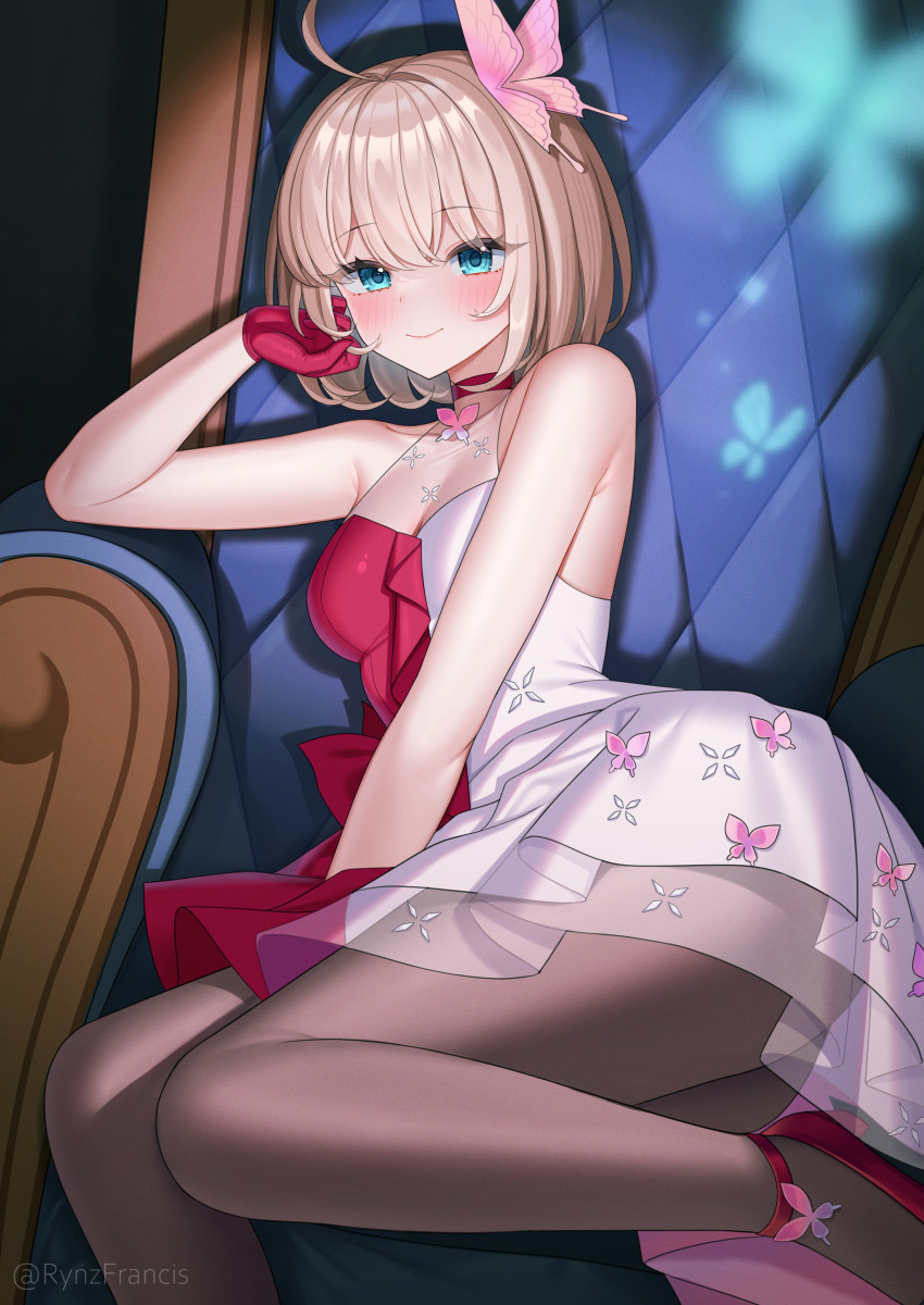 1girl, absurdres, aqua_eyes, armpits, artist_name, bare_shoulders, blonde_hair, breasts