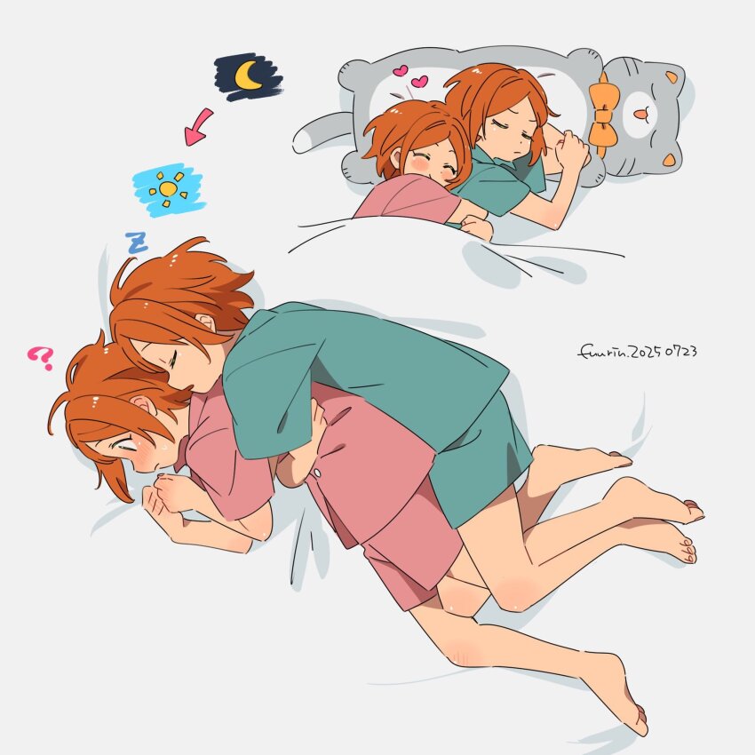 2boys, ?, aoi_hinata, aoi_yuta, aqua_shirt, aqua_shorts, artist_name, barefoot