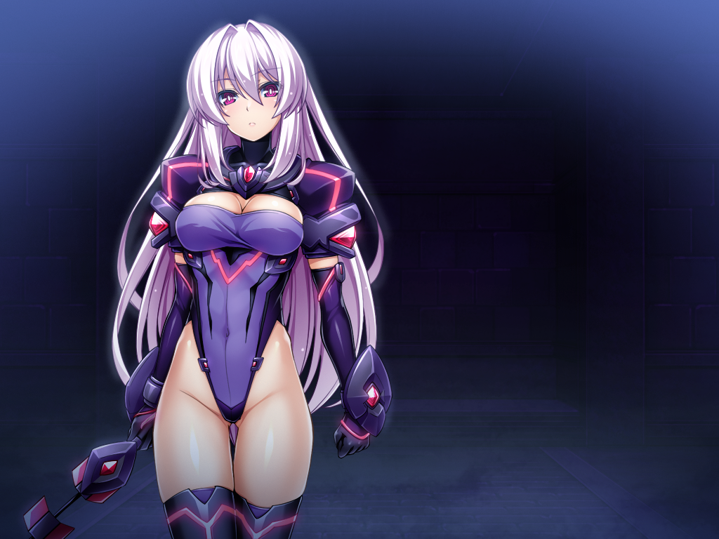 1girl, armor, black_gloves, black_thighhighs, bracer, breasts, brick_wall, cleavage