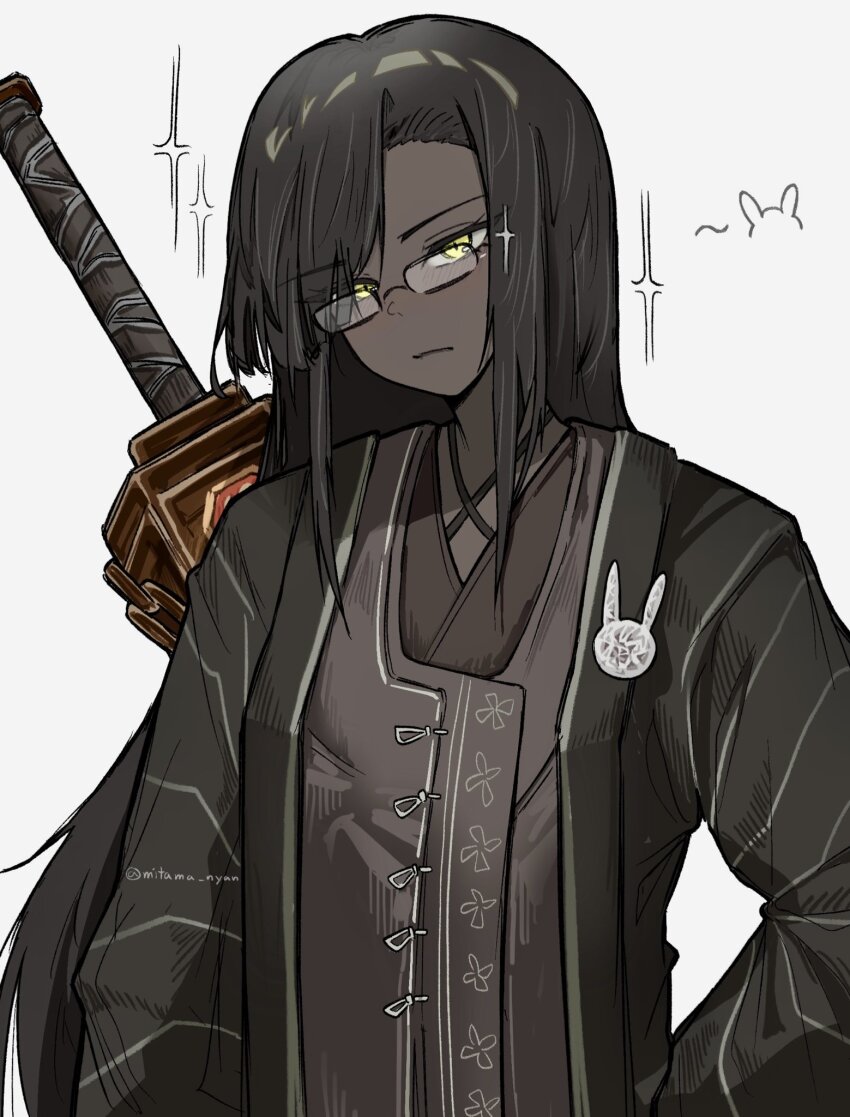 1girl, black_hair, brown_robe, chinese_clothes, dark-skinned_female, dark_skin, glasses, hair_over_eyes, highres, limbus_company, long_hair, mitama_nyan, project_moon, robe, scabbard, sheath, sidelocks, sword, weapon, white_background, zilu_(project_moon)