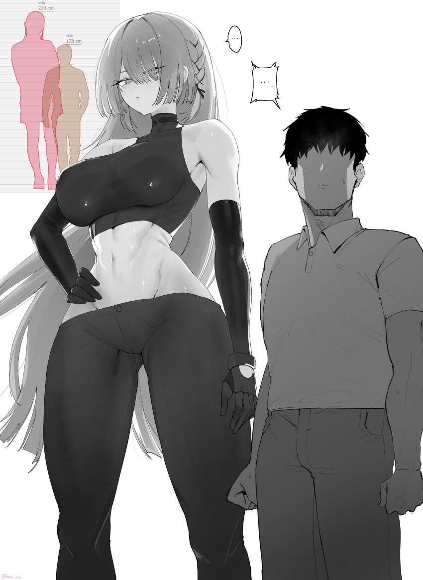 1boy, 1girl, abs, absurdres, ak-15_(girls'_frontline), braid, breasts, clenched_hand, closed_mouth, collarbone, commander_(girls'_frontline), detached_sleeves, eonsang, faceless, faceless_male, girls'_frontline, girls'_frontline_2:_exilium, gloves, hand_on_own_hip, height_difference, highres, large_breasts, long_hair, looking_at_another, midriff, navel, pants, shirt, short_hair, short_sleeves, sleeveless, sleeveless_shirt, speech_bubble, sweat, tall_female, voymastina_(girls'_frontline_2)