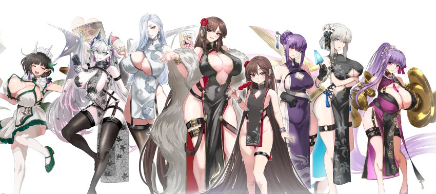 6+girls, above-cleavage_cutout, absurdres, aged_down, alternate_breast_size_(larger), baby_bottle, bamboo_steamer, bare_shoulders