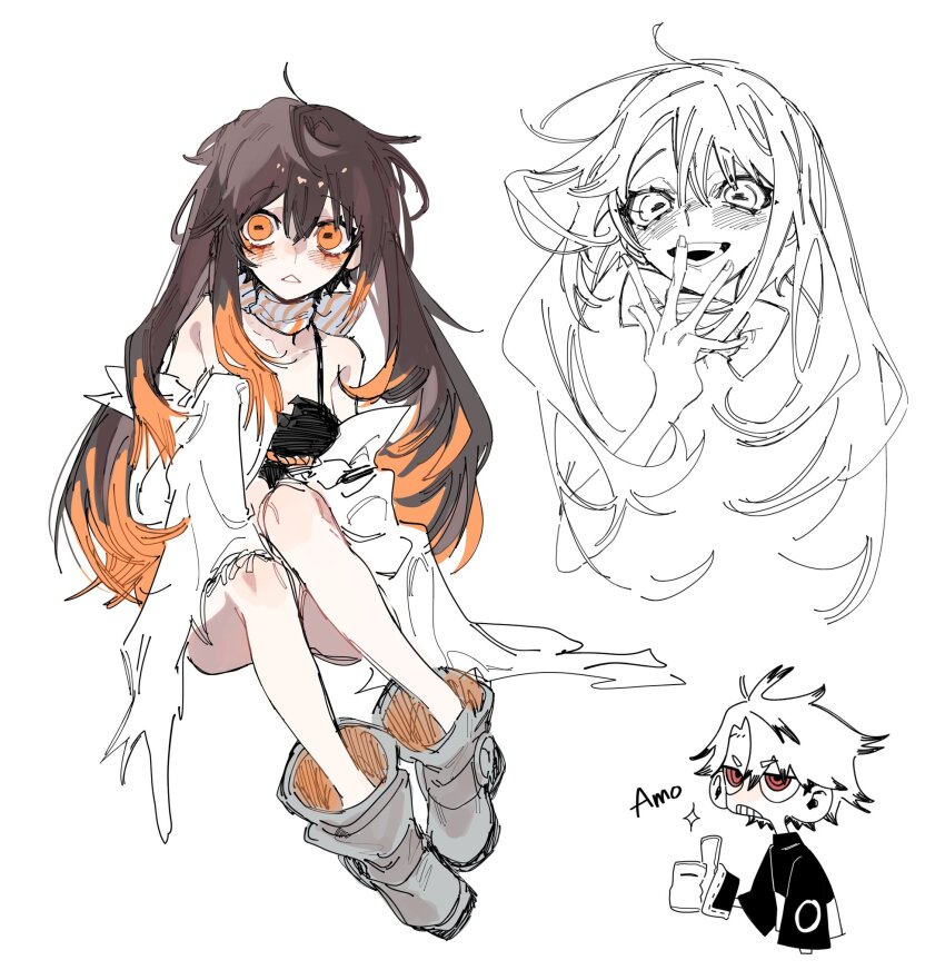 1boy, 1girl, amo_empool, black_bra, blush, boots, bra, brown_hair