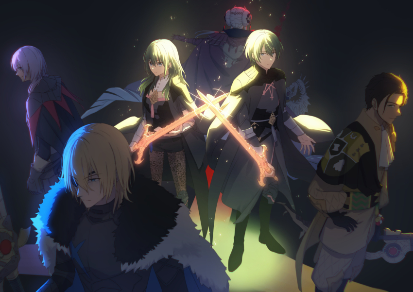 2girls, 4boys, armor, ascot, black_armor, black_boots, black_cape, black_gloves