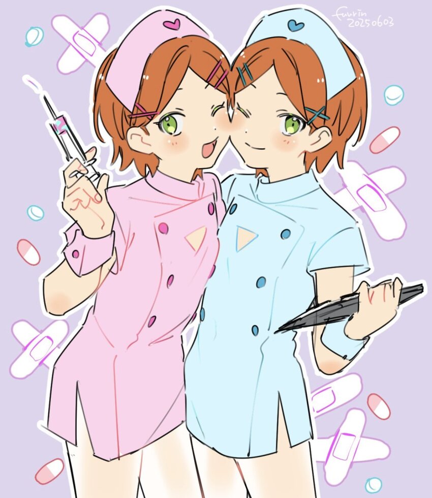 2boys, aoi_hinata, aoi_yuta, blue_dress, blue_hat, brothers, buttons, cheek-to-cheek, cleavage_cutout, clipboard, clothing_cutout, cowboy_shot, crossdressing, crossdressing_(mtf), crossed_bandaids, double-breasted, dress, ensemble_stars!, fuurin_(sior_fr), green_eyes, hair_ornament, hairclip, hat, heads_together, highres, holding, holding_clipboard, holding_syringe, looking_at_viewer, male_focus, multiple_boys, nurse, nurse_cap, one_eye_closed, orange_hair, outline, parallel_hairclips, parted_bangs, pill, pink_dress, pink_hat, purple_background, short_dress, short_hair, short_sleeves, siblings, simple_background, smile, syringe, trap, twins, white_outline, x_hair_ornament