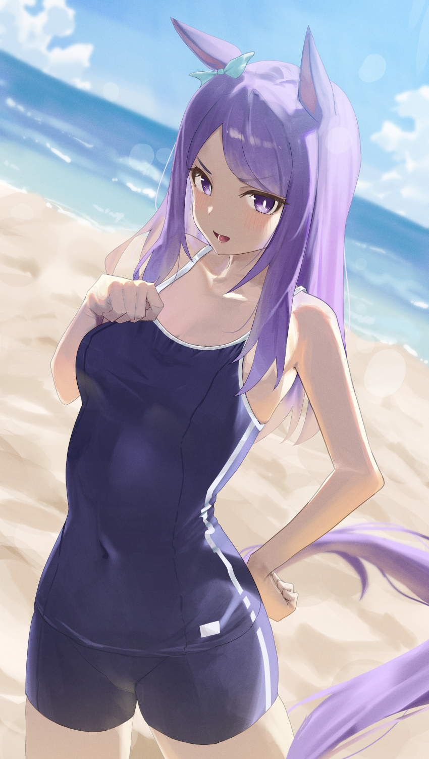 1girl, absurdres, animal_ears, bare_arms, bare_shoulders, blue_shorts, blue_tank_top, blush