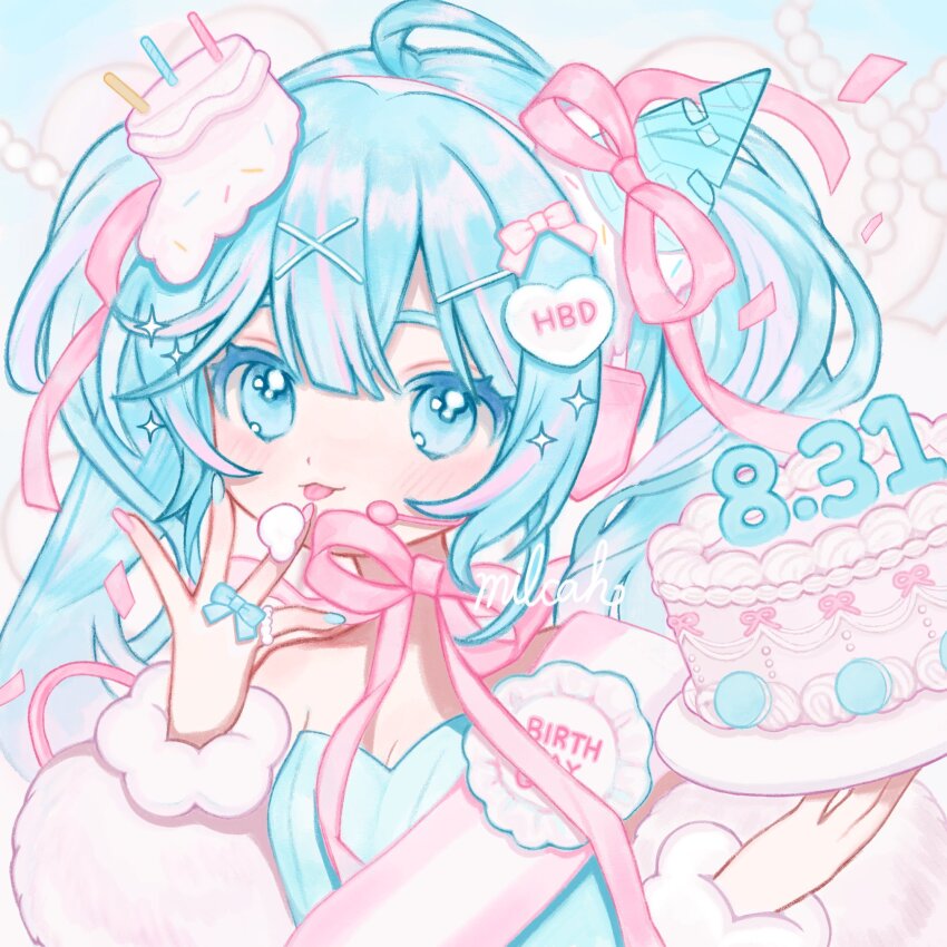 1girl, :p, ahoge, blue_eyes, blue_hair, bow, cake, food, hair_ornament, hair_ribbon, hairclip, happy_birthday, hatsune_miku, headset, highres, holding, holding_food, holding_plate, long_hair, long_sleeves, looking_at_viewer, milcah, nail_polish, pink_bow, pink_ribbon, plate, ribbon, smile, solo, tongue, tongue_out, twintails, upper_body, vocaloid, x_hair_ornament