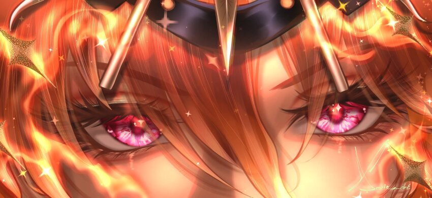 1girl, augusta_(wuthering_waves), close-up, commentary, eye_banner_(trend), eye_focus, eyelashes, hair_between_eyes