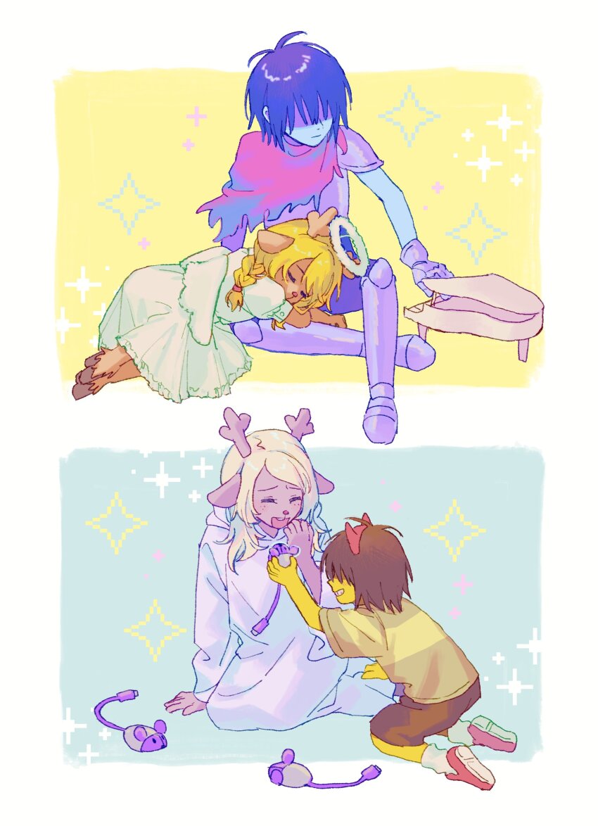 1girl, 1other, absurdres, aged_down, angel_wings, antlers, armor, armored_boots