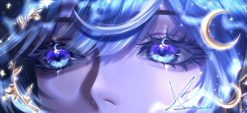 1girl, blue_eyes, blue_hair, close-up, commentary, eye_banner_(trend), eye_focus, eyelashes, highres, iuno_(wuthering_waves), looking_to_the_side, multicolored_eyes, purple_eyes, signature, solo, two-tone_eyes, wuthering_waves, xaviedrk