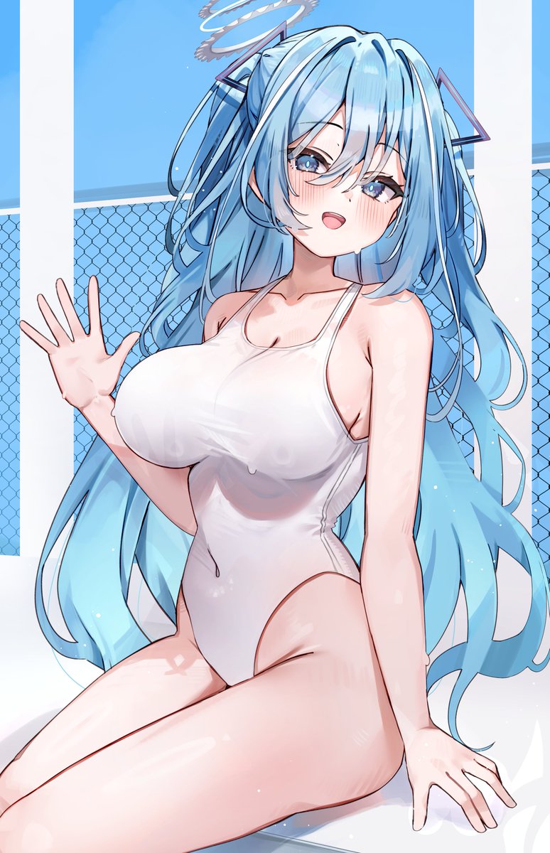 1girl, bare_shoulders, blue_eyes, blue_hair, blush, breasts, cleavage, collarbone