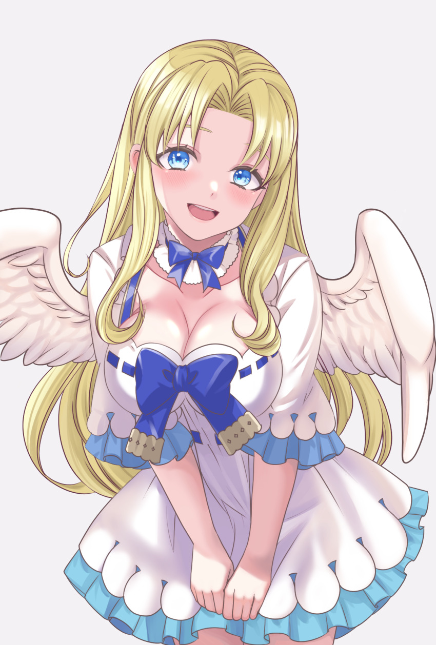 1girl, :d, aged_up, alternate_breast_size_(larger), alternate_hairstyle, between_legs, blonde_hair, blue_bow