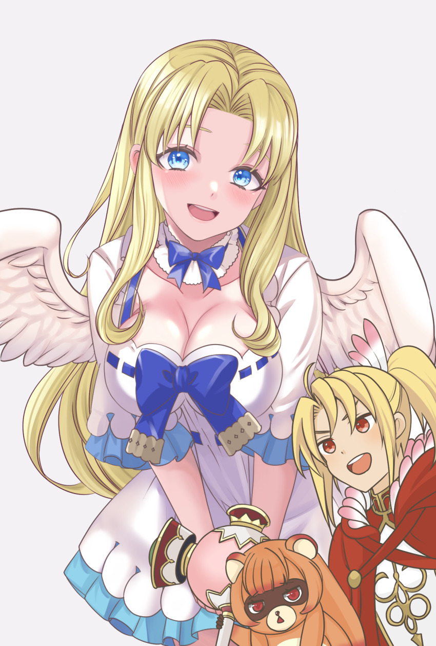 2girls, :d, aged_up, alternate_breast_size_(larger), artist_name, between_legs, blonde_hair, blue_bow