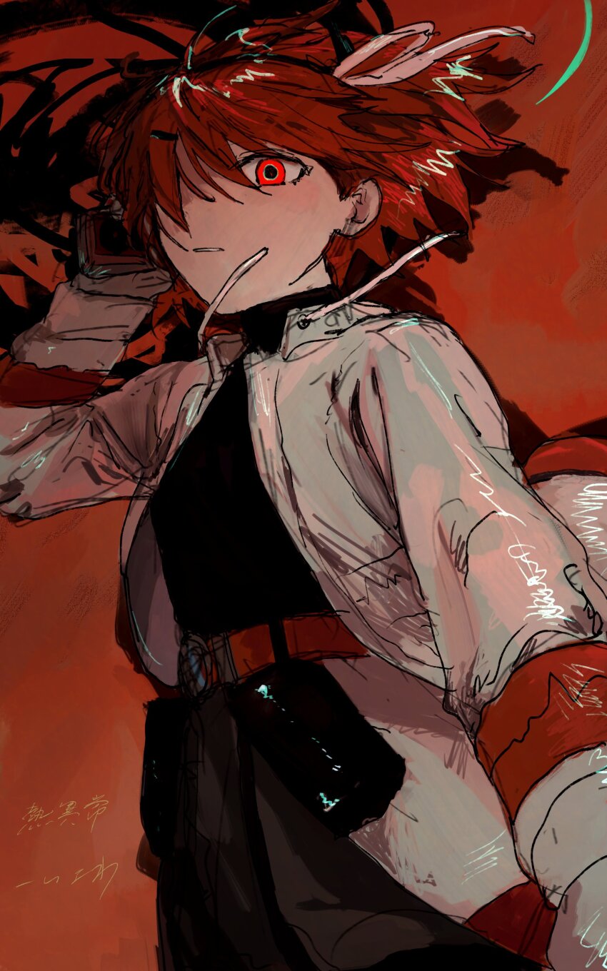 1girl, absurdres, adachi_rei, belt, black_shirt, blush, culottes, drawstring, from_below, hair_between_eyes, hair_ornament, hair_ribbon, hairclip, hand_in_own_hair, headgear, highres, jacket, long_sleeves, looking_at_viewer, lower_body, medium_hair, multicolored_hair, naresaka_menko, open_clothes, open_jacket, orange_background, orange_belt, orange_eyes, orange_hair, parted_lips, radio_antenna, ribbon, shirt, simple_background, solo, turtleneck, underwear, utau, white_jacket, white_ribbon