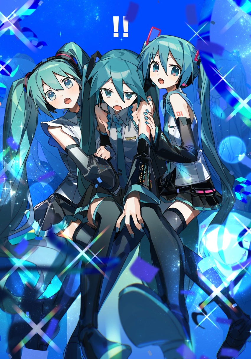 !, !!, 3girls, :o, aqua_hair, aqua_nails, aqua_necktie, bare_shoulders