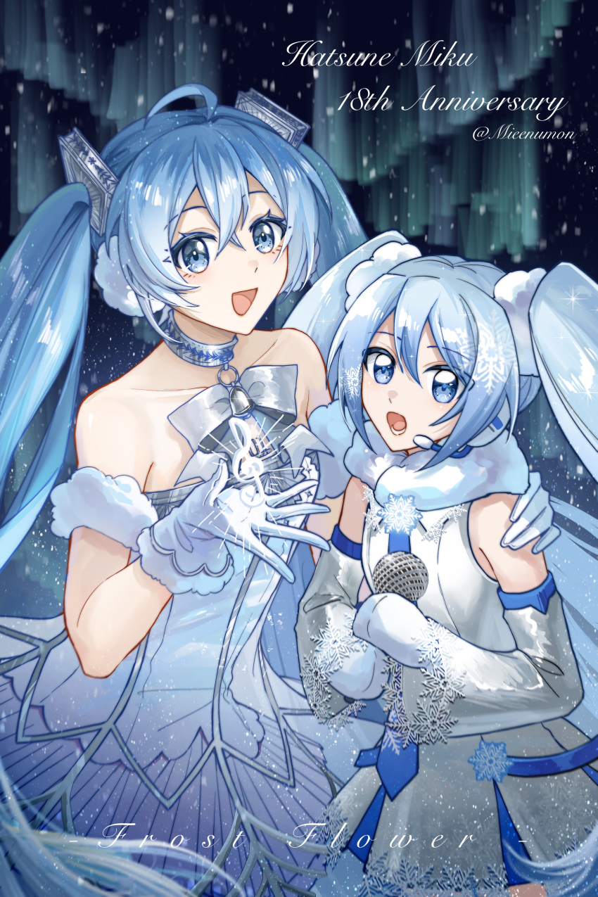 2girls, absurdres, ahoge, blue_eyes, blue_hair, blush, breasts, collarbone, collared_shirt, dress, dual_persona, gloves, gramophone_miku, gramophone_miku_(frostflower), hair_between_eyes, hair_ornament, hatsune_miku, headset, highres, holding, holding_microphone, long_hair, looking_at_viewer, medium_breasts, microphone, mittens, multiple_girls, nobinobida, official_alternate_costume, official_alternate_hairstyle, open_mouth, shirt, sleeveless, sleeveless_shirt, smile, snowflake_print, strapless, strapless_dress, tutu, twintails, very_long_hair, vocaloid, white_gloves, white_mittens, white_shirt, yuki_miku, yuki_miku_(2011)