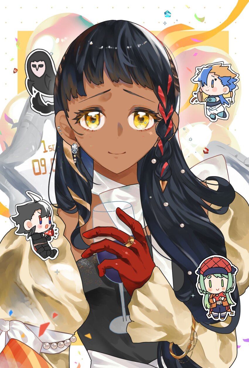 2boys, 2girls, black_hair, braid, chibi, closed_mouth, cup, dark-skinned_female