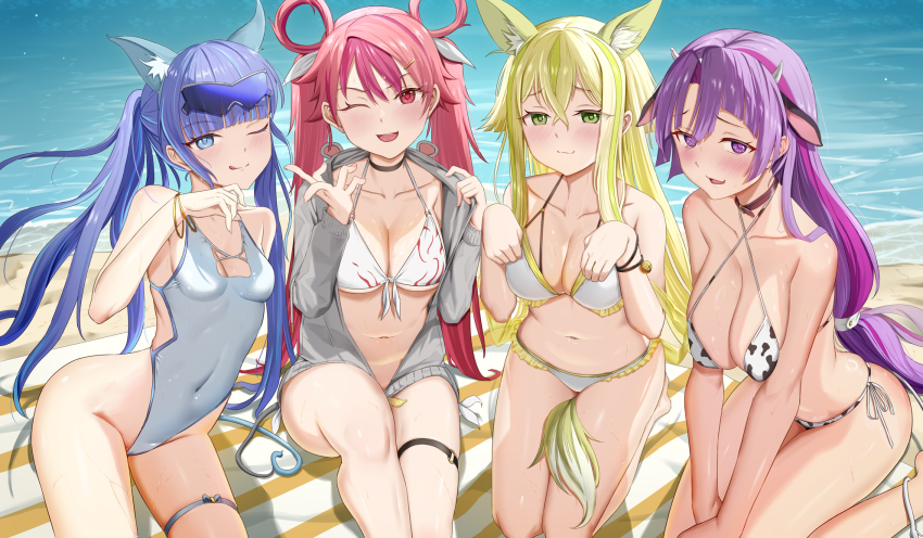4girls, alternate_costume, alternate_hairstyle, animal_ear_fluff, animal_ears, animal_print, bangle, bare_shoulders, beach, bell, bikini, blonde_hair, blue_eyes, blue_hair, blunt_bangs, blush, bracelet, breasts, cat_ears, cat_girl, choker, cleavage, cleavage_cutout, closed_mouth, clothing_cutout, collarbone, covered_navel, cow_ears, cow_horns, cow_print, cow_print_bikini, duel_monster, eyewear_on_head, feet_out_of_frame, fox_ears, fox_girl, green_eyes, grey_jacket, ha-re_the_sword_mikanko, hair_between_eyes, halterneck, hands_on_own_knees, heads_together, highres, horns, hu-li_the_jewel_mikanko, jacket, jewelry, kneeling, long_hair, looking_at_viewer, low-tied_long_hair, mailixiang, medium_breasts, multiple_girls, navel, ni-ni_the_mirror_mikanko, one-piece_swimsuit, one_eye_closed, open_mouth, paw_pose, ponytail, print_bikini, purple_eyes, purple_hair, red_eyes, red_hair, sanaki_the_mikanko_devotee, sand, seiza, side-tie_bikini_bottom, sidelocks, sitting, smile, stomach, sunglasses_on_head, swimsuit, thigh_strap, tongue, tongue_out, twintails, very_long_hair, wariza, white_bikini, white_one-piece_swimsuit, wrist_bell, yu-gi-oh!
